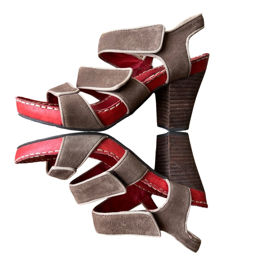 Esska‎ Women Taupe Suede Red Leather Block Heel Sandals Size 38 Hook Loop Straps